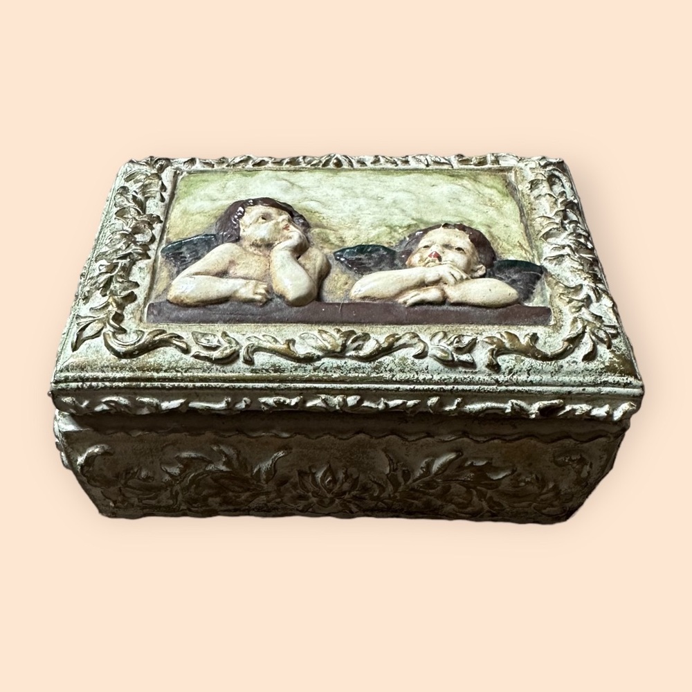 Vintage Carved Stone Cherub Filigree Trinket Box Jewelry Box Accent